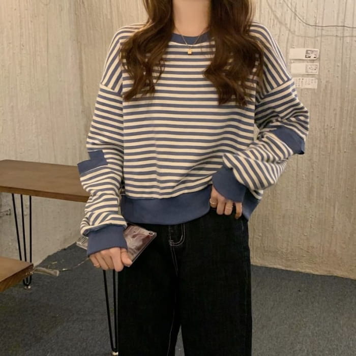 Crewneck Striped Cutout Pullover - Clothing