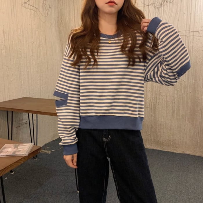 Crewneck Striped Cutout Pullover - Clothing