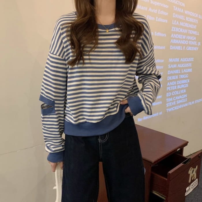 Crewneck Striped Cutout Pullover - Clothing