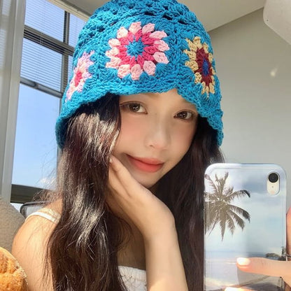 Crochet Floral Pattern Bucket Hat - Blue / One Size