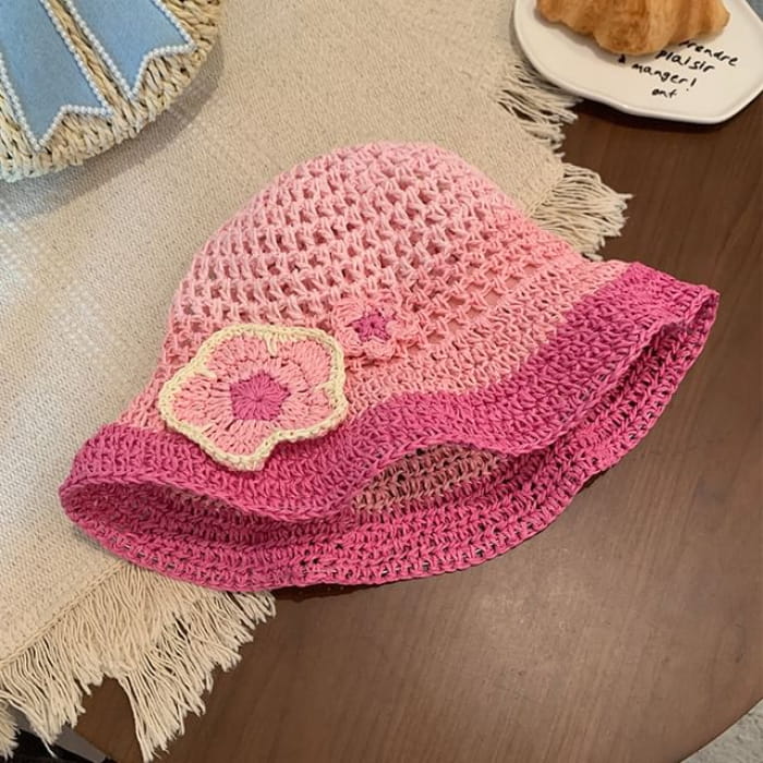 Crochet Floral Sun Hat - Pink / One Size