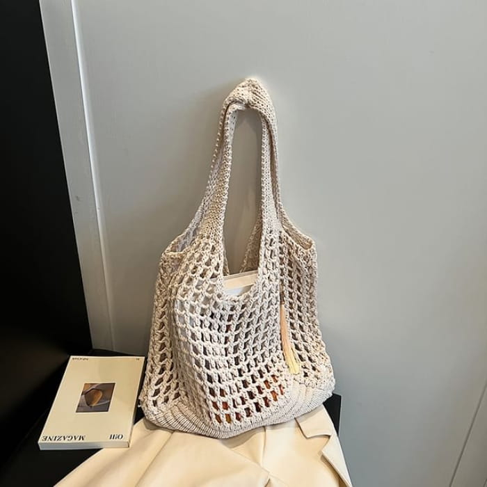 Crochet Plain Tote Bag - Off-White / One Size