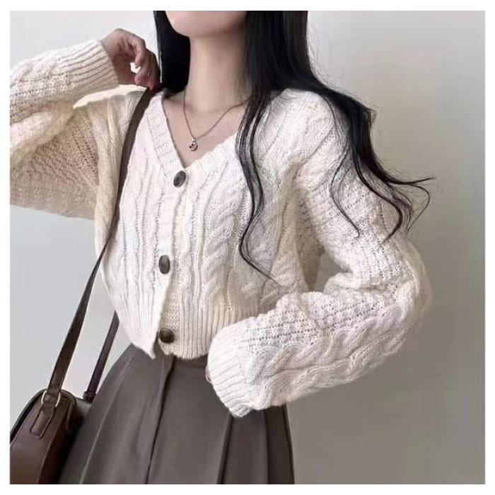 Cropped Cable-Knit V-Neck Cardigan