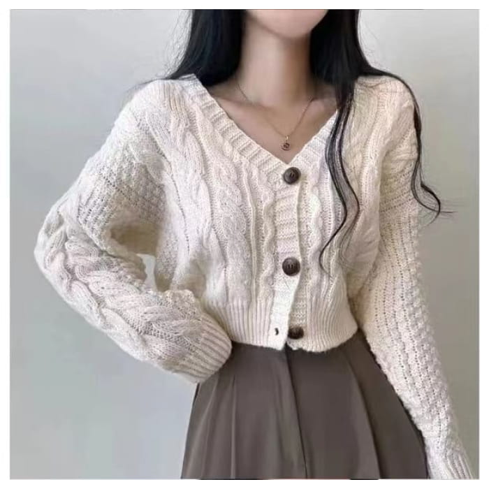 Cropped Cable-Knit V-Neck Cardigan