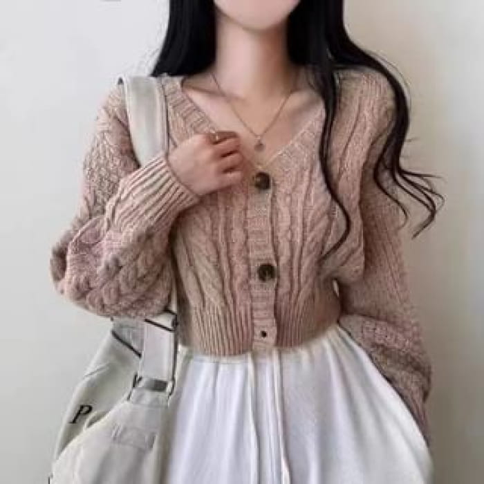 Cropped Cable-Knit V-Neck Cardigan - Khaki / One Size