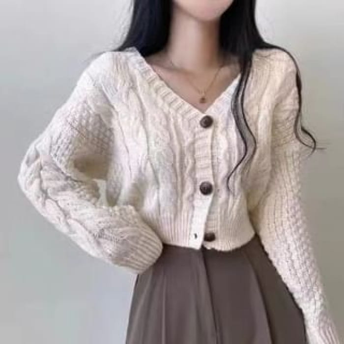 Cropped Cable-Knit V-Neck Cardigan - White / One Size