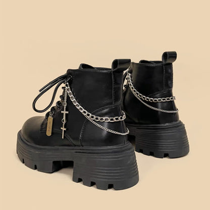 Cross Chain Decor Platform Round Toe Boots