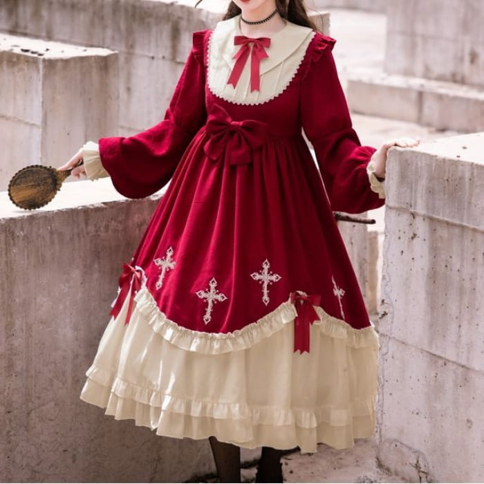 Cross Embroidered Long-Sleeve Lolita Dress