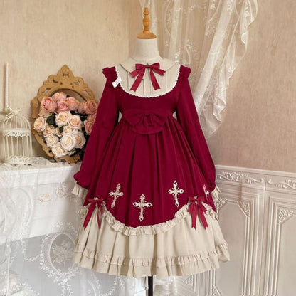 Cross Embroidered Long-Sleeve Lolita Dress