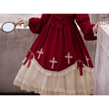 Cross Embroidered Long-Sleeve Lolita Dress