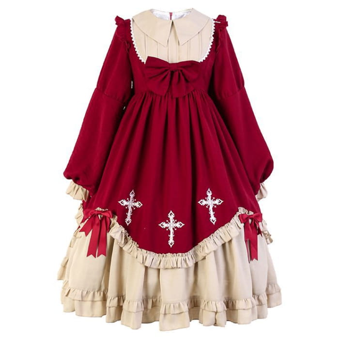 Cross Embroidered Long-Sleeve Lolita Dress