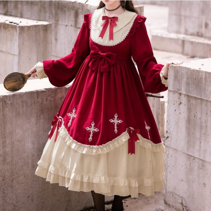 Cross Embroidered Long-Sleeve Lolita Dress