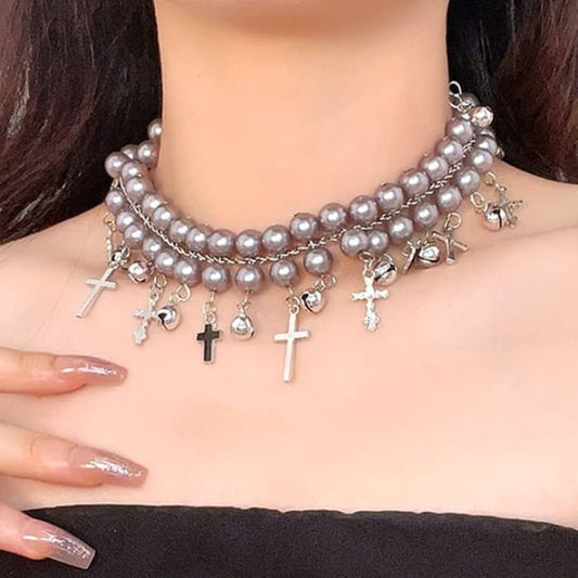 Cross Faux Pearl Choker / Layered