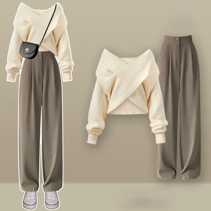 Cross Knit Sweater Casual Pants Set - M