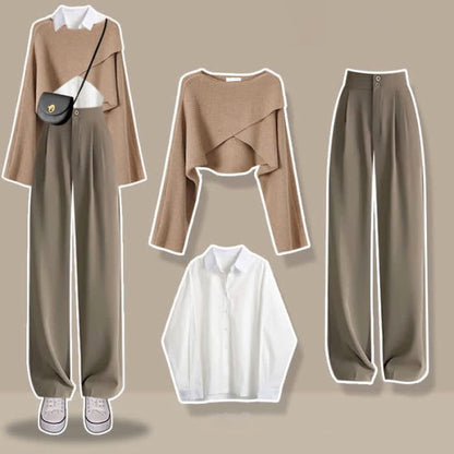 Cross Knit Sweater Lapel Shirt High Waist Pants Set