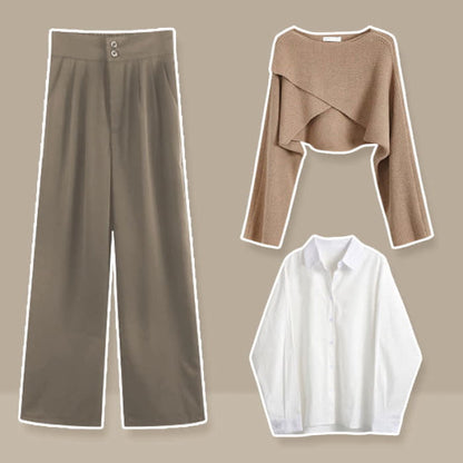 Cross Knit Sweater Lapel Shirt High Waist Pants Set - Khaki