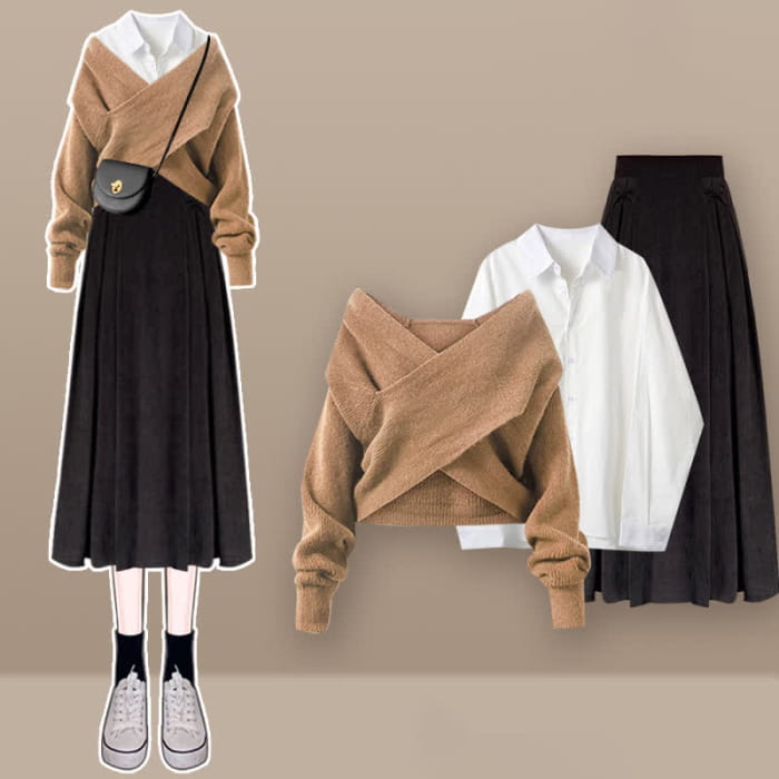 Cross Knit Sweater Lapel Shirt Pleated Skirt Set