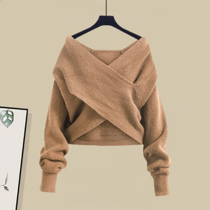 Cross Knit Sweater Lapel Shirt Pleated Skirt Set - M