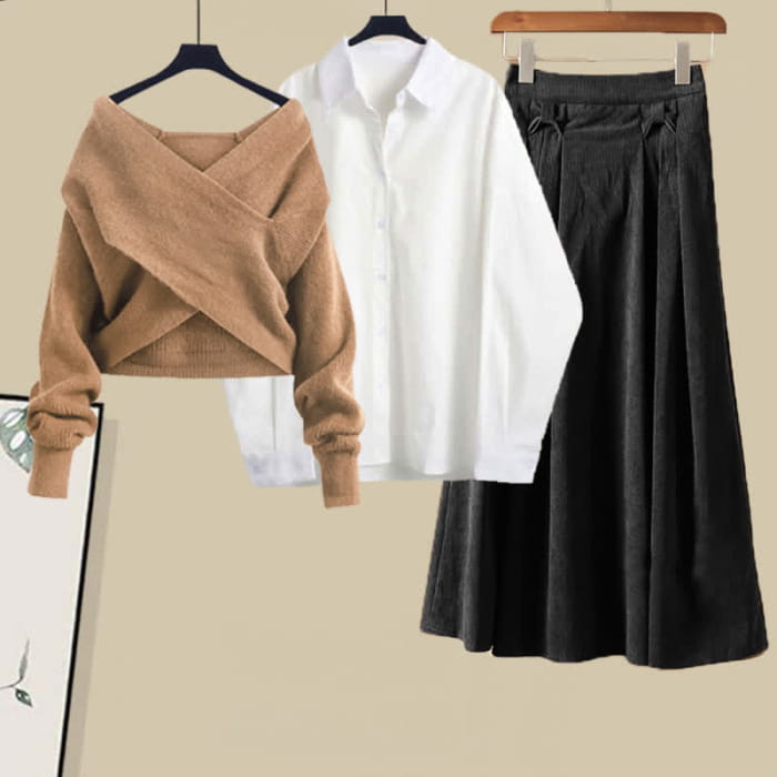 Cross Knit Sweater Lapel Shirt Pleated Skirt Set - M