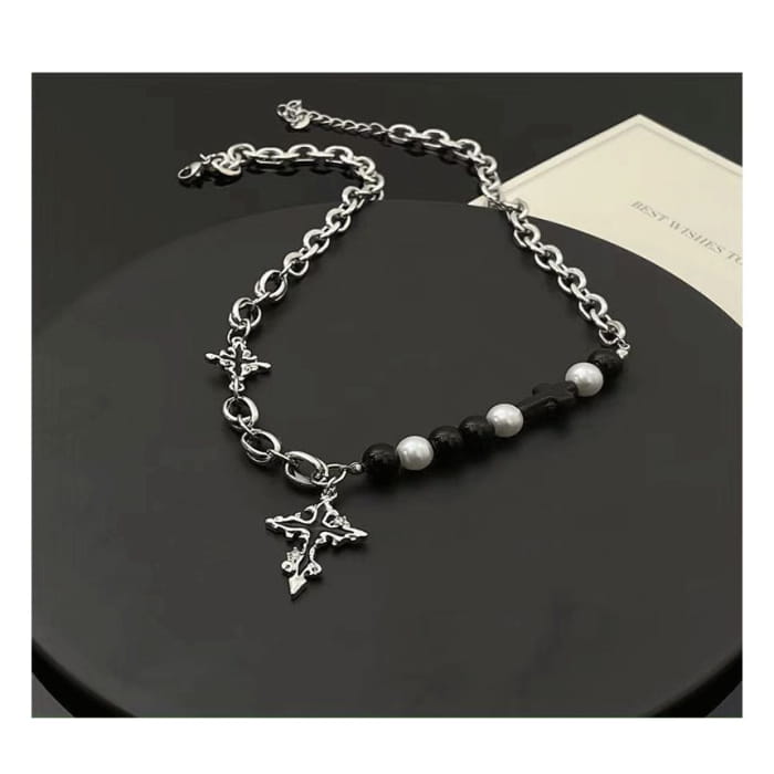 Cross Pendant Faux Pearl Alloy Necklace