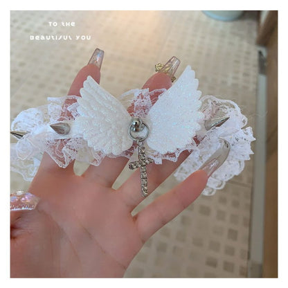 Cross Rhinestone Wing Pendant Studded Lace Choker