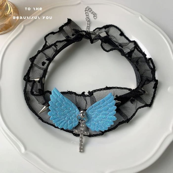 Cross Rhinestone Wing Pendant Studded Lace Choker - Blue