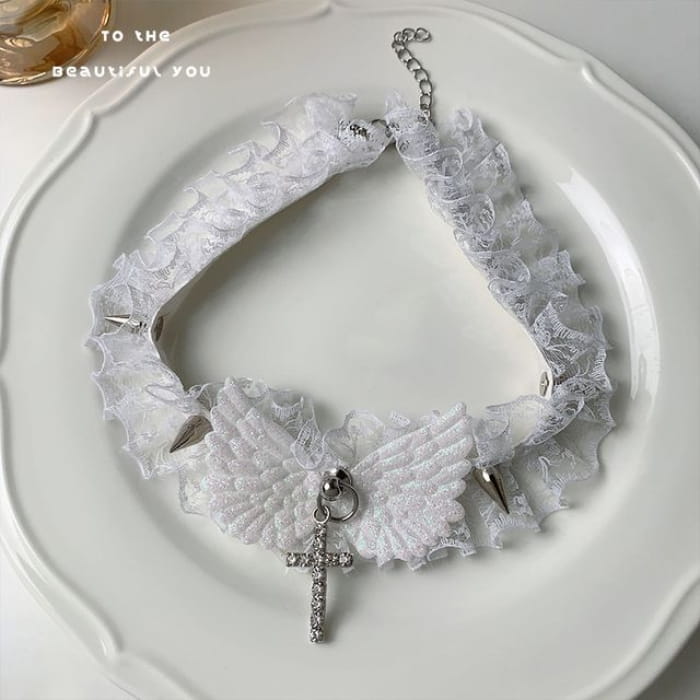 Cross Rhinestone Wing Pendant Studded Lace Choker - White