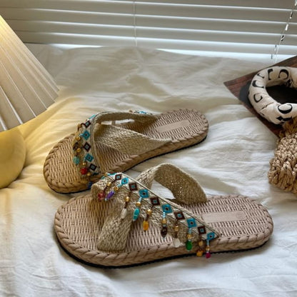 Cross Strap Slide Sandals - Beaded - Light Brown / 35