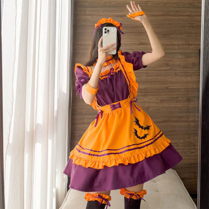 Cute Bat Embroidery Lace Up Ruffled Maid Dress