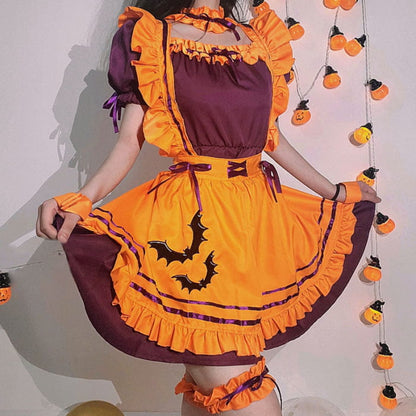 Cute Bat Embroidery Lace Up Ruffled Maid Dress