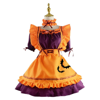 Cute Bat Embroidery Lace Up Ruffled Maid Dress - Orange / S