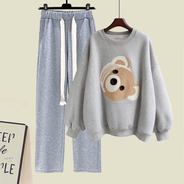Cute Bear Sweatshirt Draw String Casual Pants - Set / M