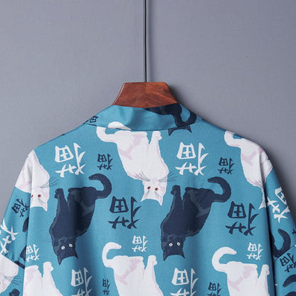 Cute Blue Cat Print Casual Kimono Outerwear