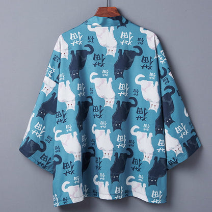 Cute Blue Cat Print Casual Kimono Outerwear - One Size