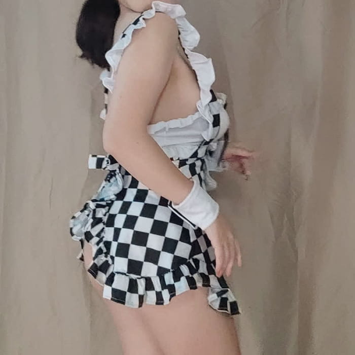 Cute Bow Plaid Ruffled Lingerie Maid Slit Skirt Set