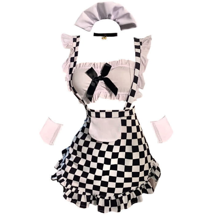 Cute Bow Plaid Ruffled Lingerie Maid Slit Skirt Set