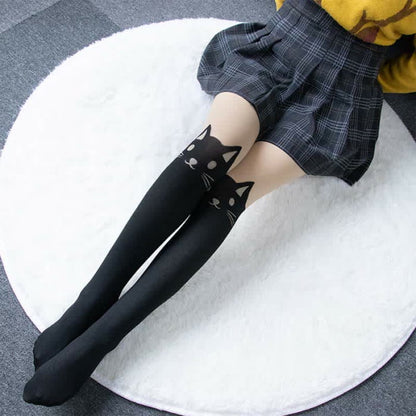 Cute Cartoon Kitty Print Lolita Stockings Tights - Black