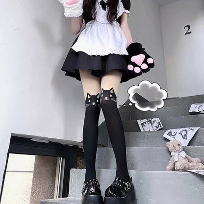 Cute Cartoon Kitty Print Lolita Stockings Tights - Black