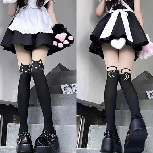 Cute Cartoon Kitty Print Lolita Stockings Tights - Black