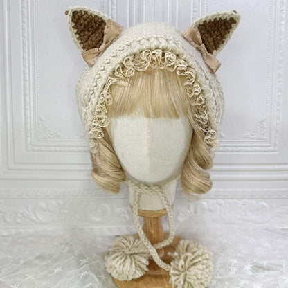 Cute Cat Ears Lace Lolita Hat Warm - Beige / One Size