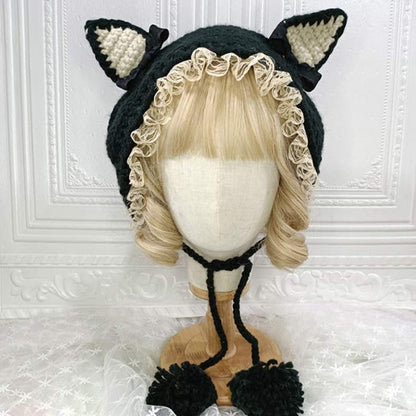 Cute Cat Ears Lace Lolita Hat Warm - Black / One Size