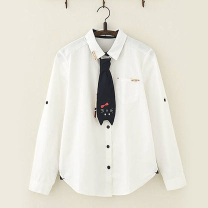 Cute Cat Tie Wooden Buckle Shirt - White / M