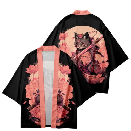 Cute Cat Warriors Print Cardigan Kimono Outerwear - Black B