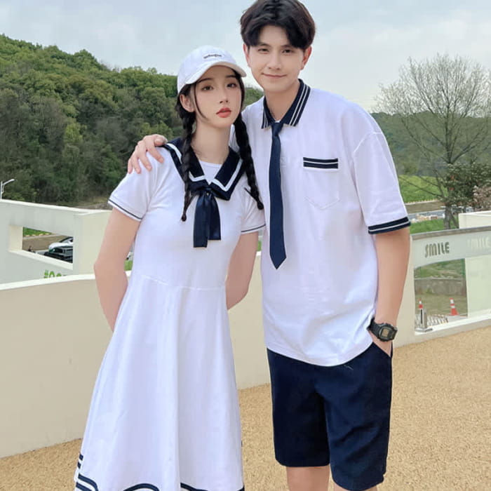 Cute Couple Sailor Collar Dress T-Shirt Shorts
