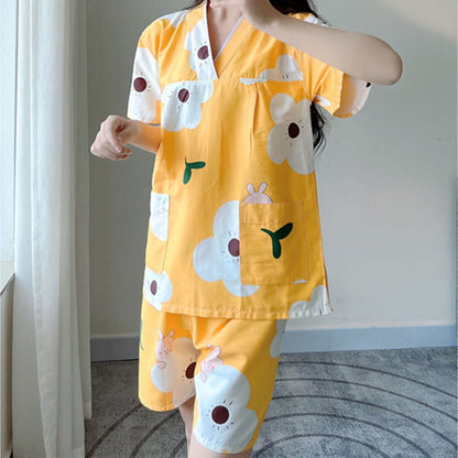 Cute Flowers Print V-Neck T-Shirt Shorts Pajamas Set