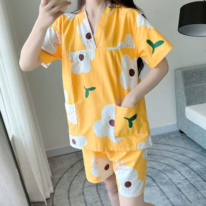 Cute Flowers Print V-Neck T-Shirt Shorts Pajamas Set