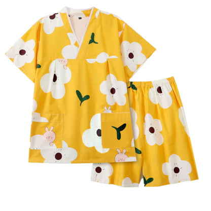 Cute Flowers Print V-Neck T-Shirt Shorts Pajamas Set