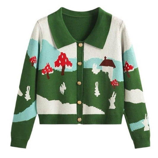 Cute Green Mushroom Collar Cardigan - S