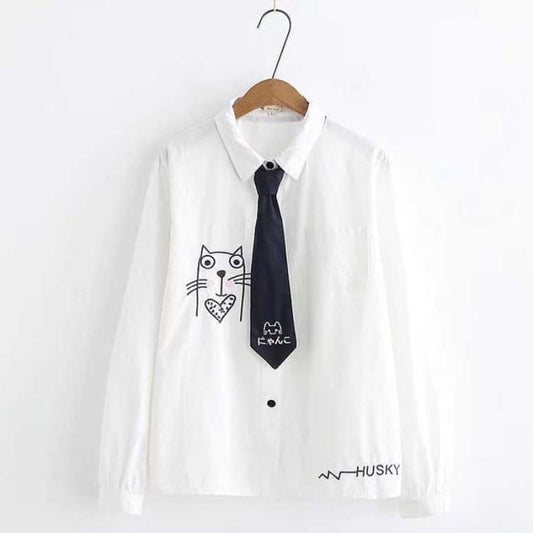Cute Kitty Long Sleeve Necktie White Shirt