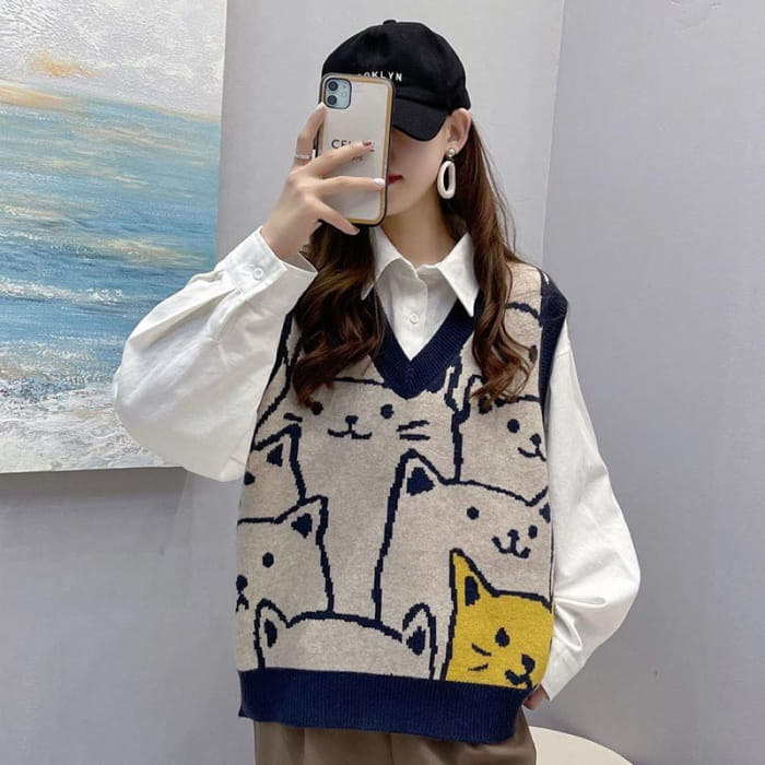 Cute Kitty Print Vest Lace Up Shirt Set